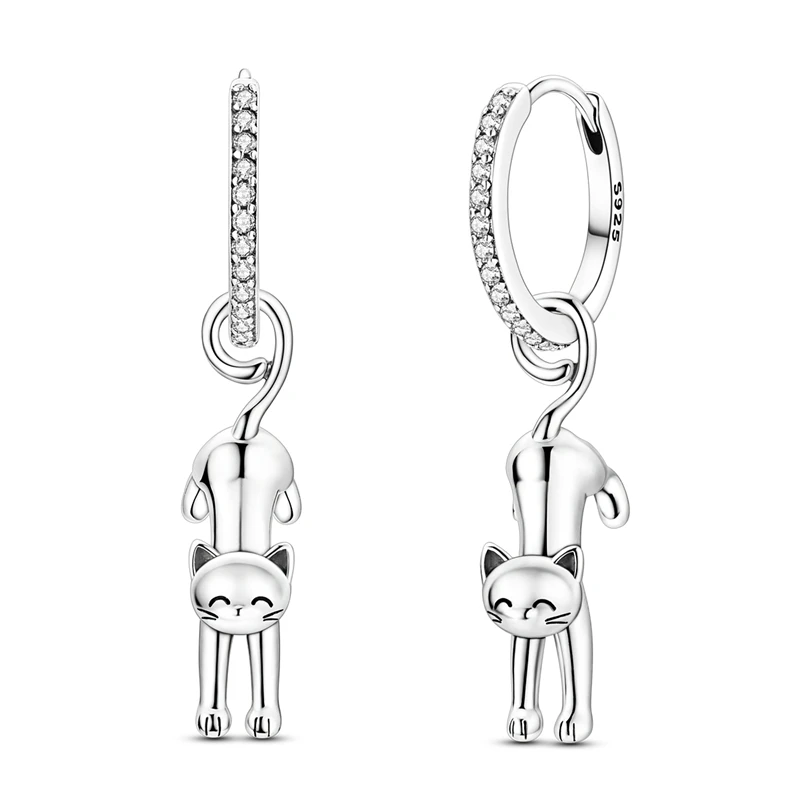925 Sterling Silver Earrings Women Sparkling Movable Cat Drop Earring For Anniversary Wedding Jewelry Gifts