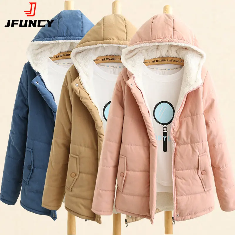 JFUNCY Women Winter Parkas 2022 Fashion Women\'s Jackets Fleece Hooded Windproof Warm Velvet Female Cotton Coat Pink Blue Khaki