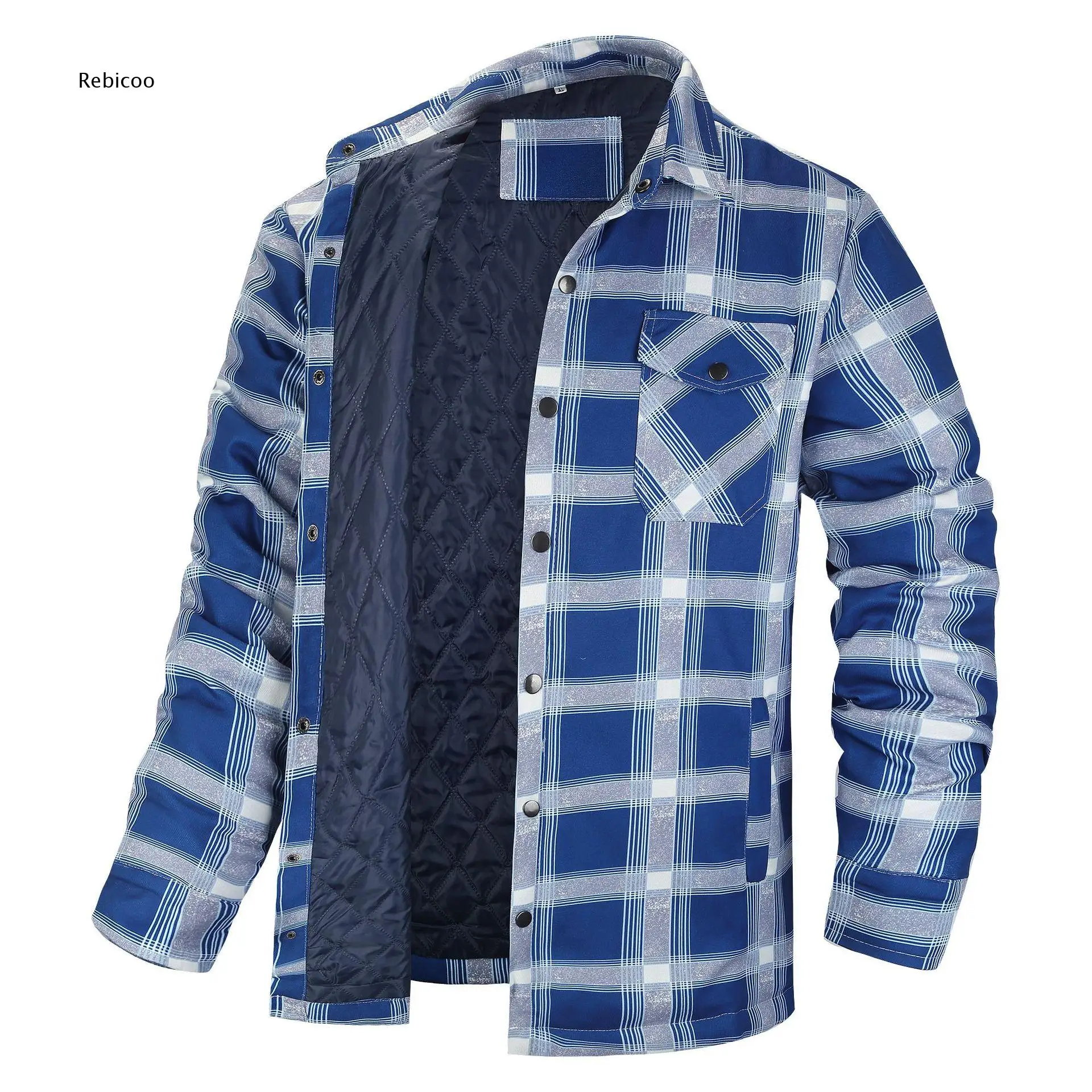 Plaid Snap Button Shirt Jacket For Men Quilted Lined Outerwear Multi Pockets For Cool Weather Daily Layering And Outdoor Wearing