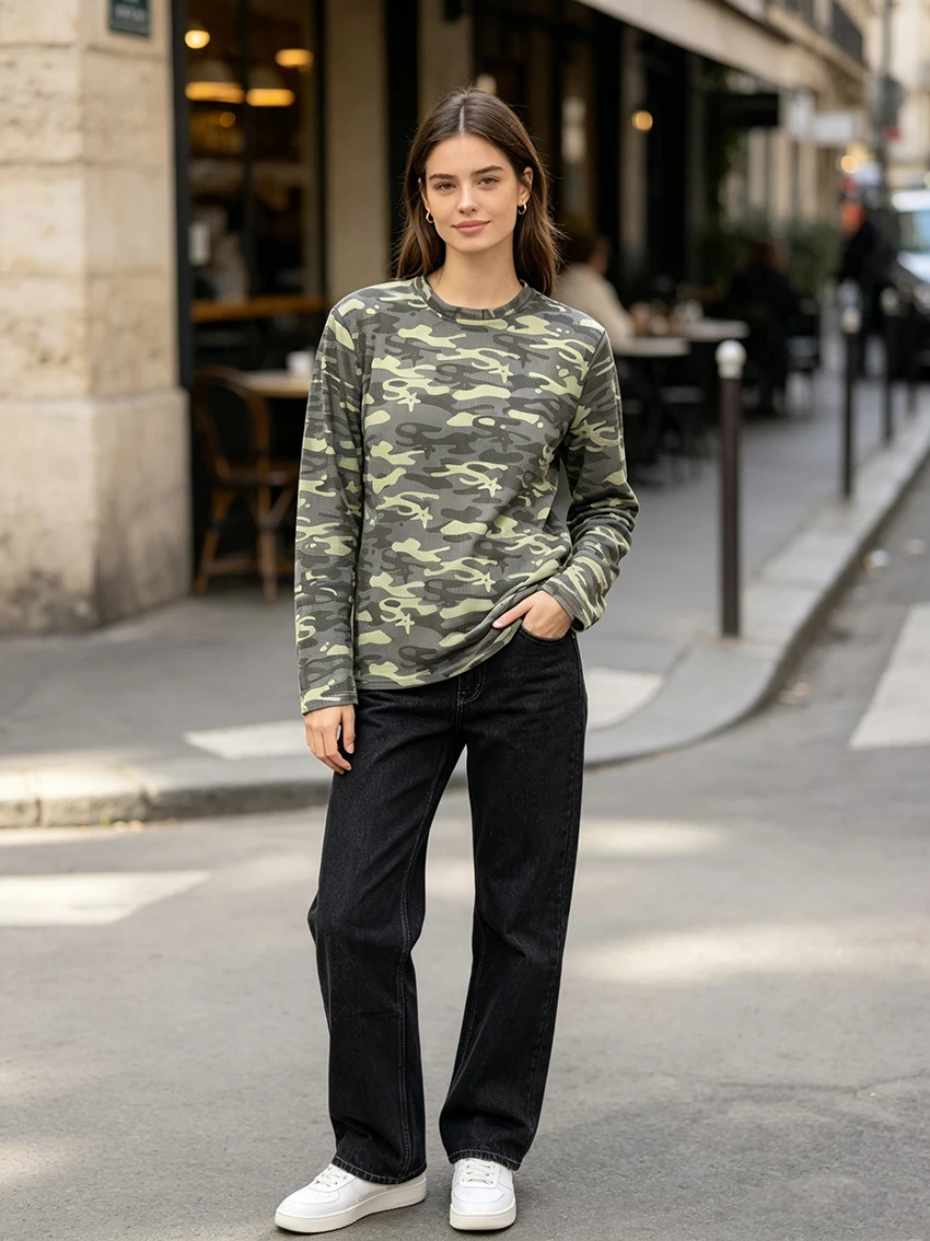 Y2K Harajuku Women Star Camo Print Long Sleeve T-Shirt Fashionable Waffle Mesh Crew Neck Slim Retro Streetwear Casual Basic Tops