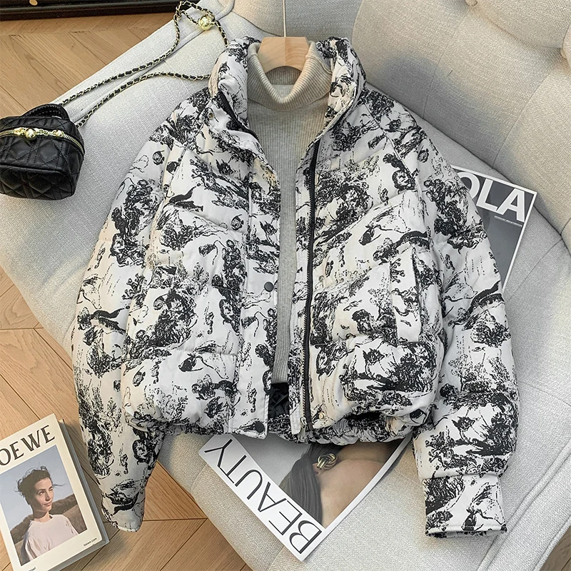 

Casual Printed ort Cotton Jaet Thin Winter New Large Size Svel Bread Sle Windproof Loose Fit Women's Commute Coat