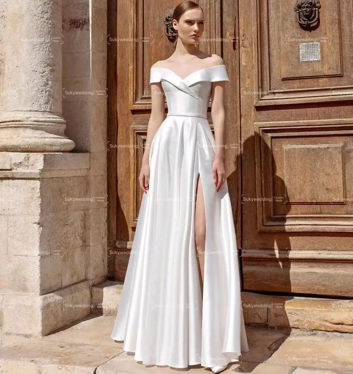 

Elegant Off Shoulder Wedding Dresses 2025 Low Back A line Wedding Garden Castle Church Bridal Wedding Gown Side Slit