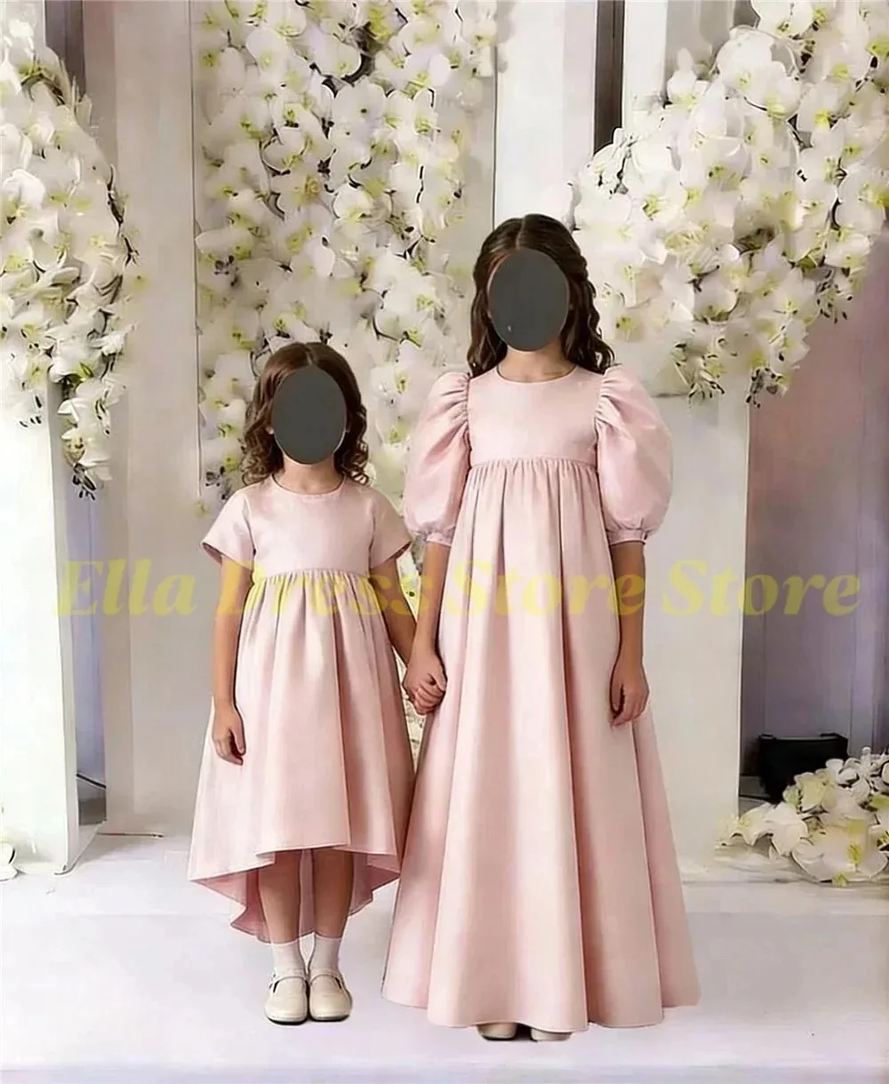 Mädchenkleid in Satinrosa mit Puffärmeln und Schleife, Blumenmädchenkleid für Hochzeit, Abendkleid, formelle Empfänge, Partys, maßgeschneidert, Großhandel – Detail 1