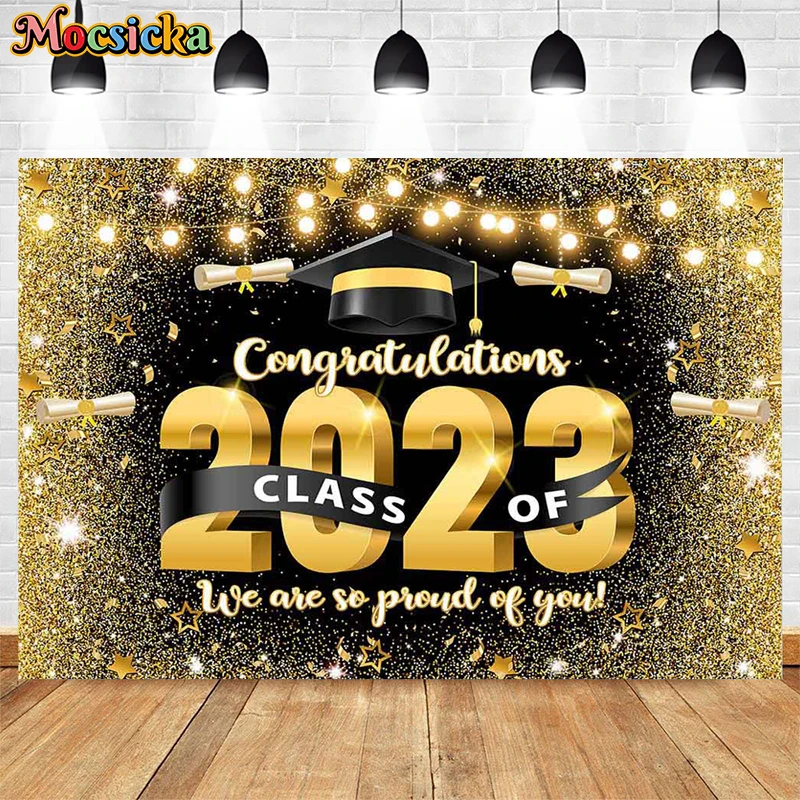 Mocsicka Congratulation Graduation Party Decor Poster Gold Balloon Ribbon Glitter Photography Backdrop Student Photo Background