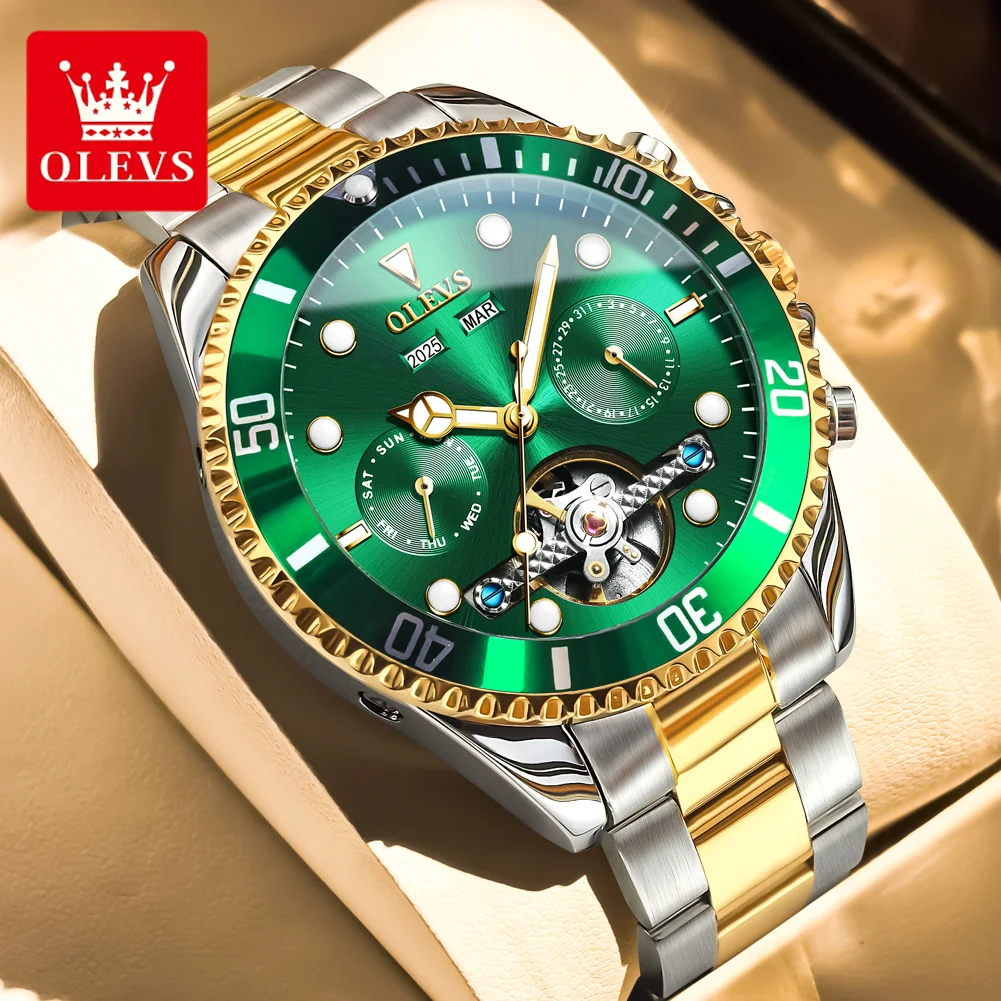OLEVS 6605 Men's Watch Multi functional Dual Calendar Display Stainless steel Hollow Automatic Mechanical Man Watch