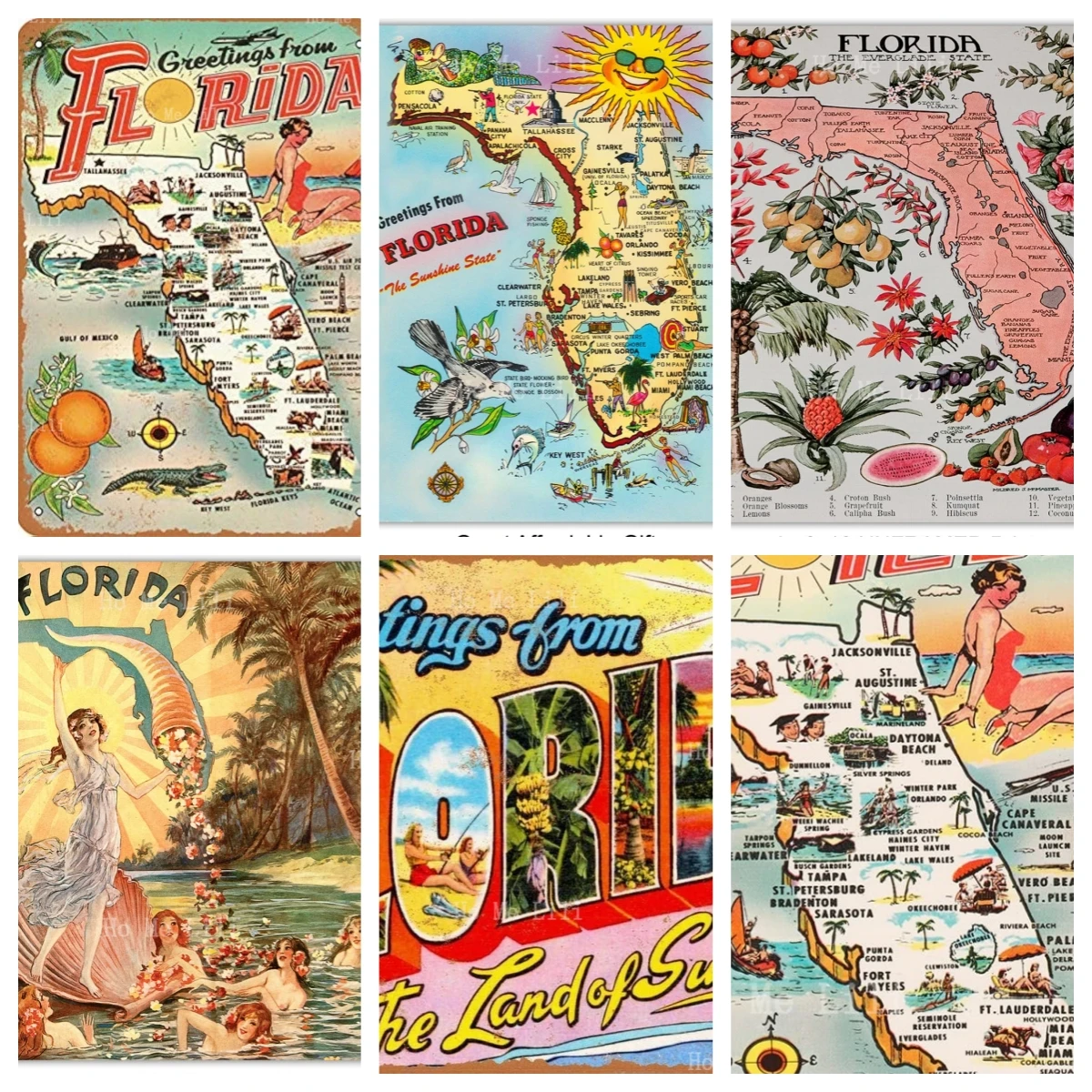 Vintage 1954 Greetings From Florida Wall Decoration Tourist Map Poster Home Bar Restaurant Garage Cafe Art Metal Sign Gift