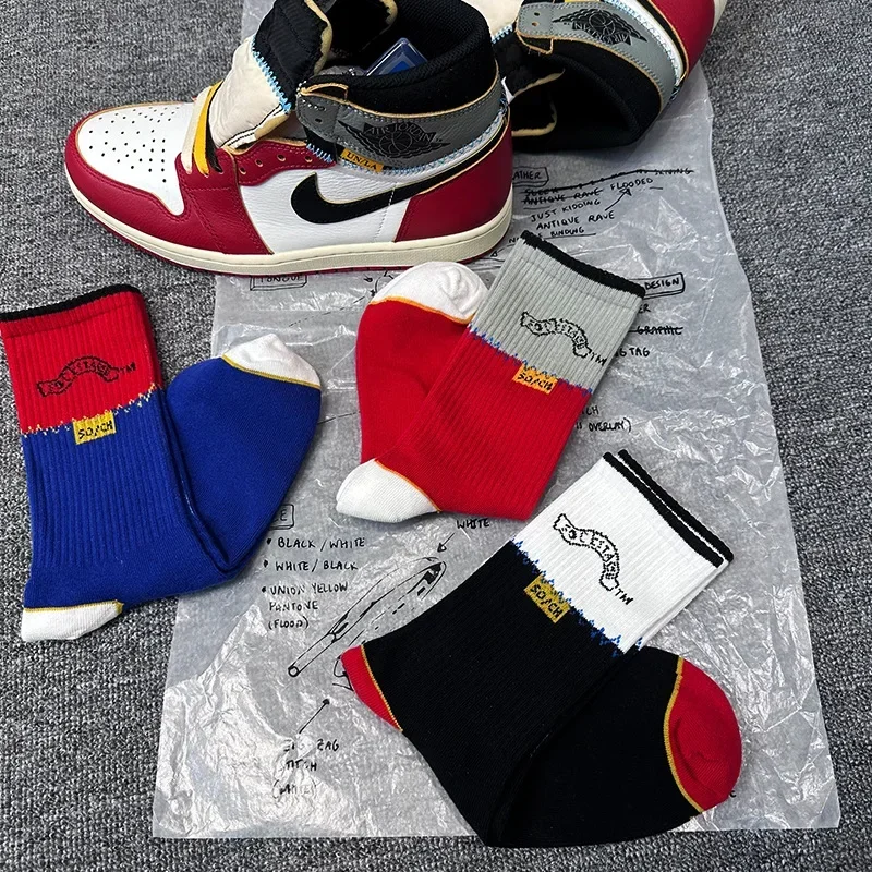 Calcetines deportivos unisex de algodón puro con bloques de color a la moda para hombre, calcetines para parejas