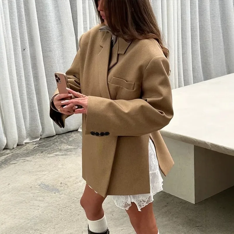 Cross-border Women's Clothing Autumn New European and American Casual Blazer Double-breasted Side Slit Design Suit Top Commuting