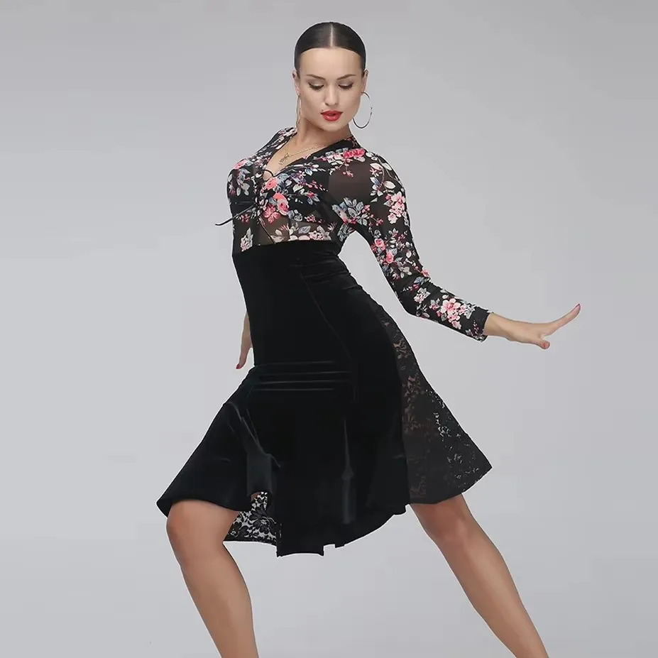 

lace dance dress women tango dress female print Splicing salsa rumba costumes leopard latin dress sexy samba dance dress fringe
