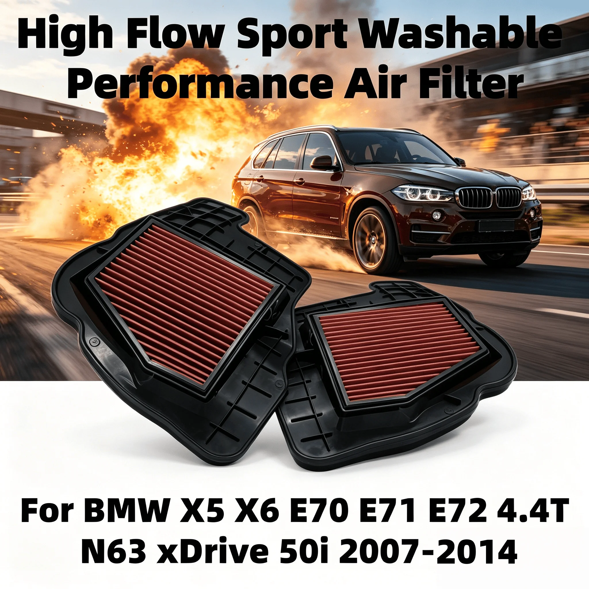 

For BMW X5 X6 E70 E71 E72 4.4T N63 xDrive 50i 2007-2014 High Flow Sport Washable Performance Air Filter 13717577457 13717577458