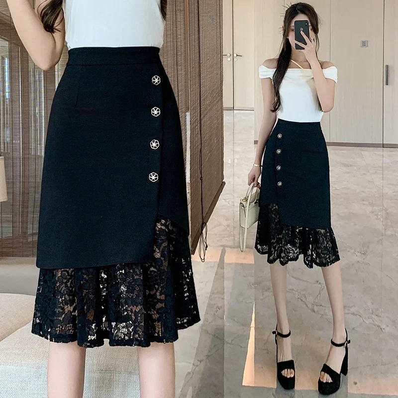 High Waist Pencil Skirt Women New Arrival 2024 Spring Korean Style Patchwork Lace Office Lady Elegant Knee-length Skirts