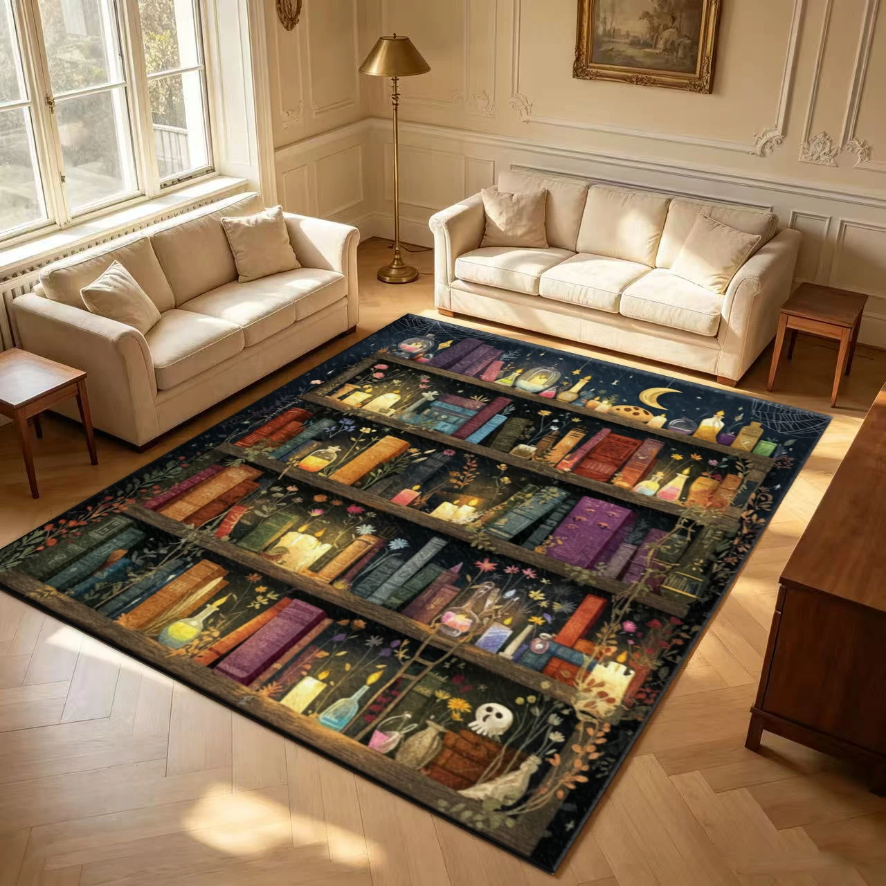 Dark Academia Magic Bookshelf Area Rug Witch Wizard Book Potion Floral Print Carpet Non Slip Washable Floor Mat Gothic Bedroom Home Decor