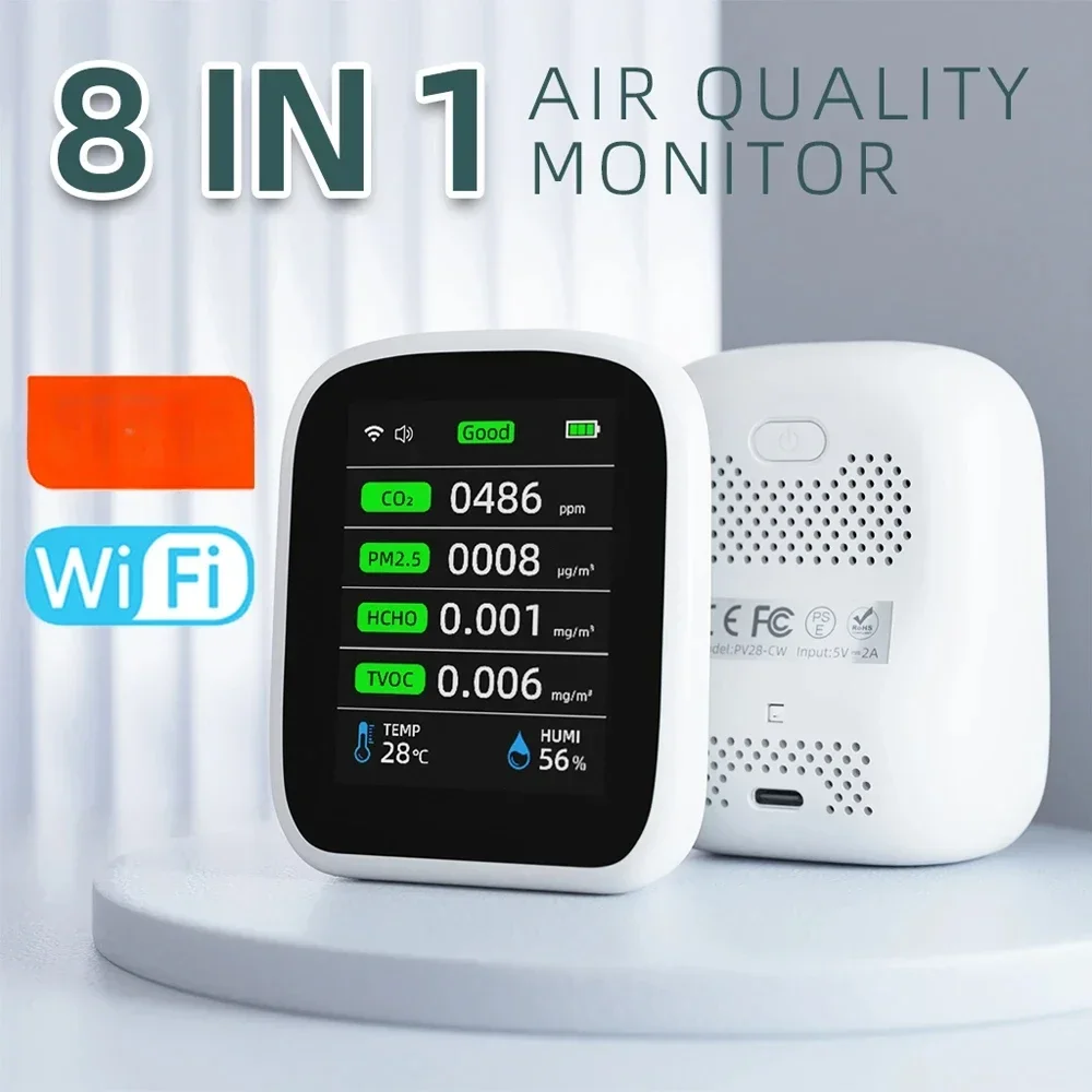 WIFI 8 in 1 Monitor della qualità dell'aria CO2 HCHO TVOC PM1.0 PM2.5 PM10 Tester Misuratore di umidità della temperatura Rilevatore di anidride carbonica Più recente