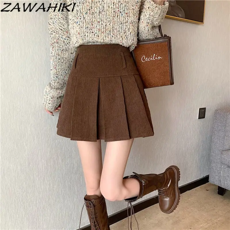 

Vintage Solid Color Corduroy Pleated Fall Winter New Arrive Short Skirt Women Chic Designed High Waist Kpop Preppy Faldas Mujer