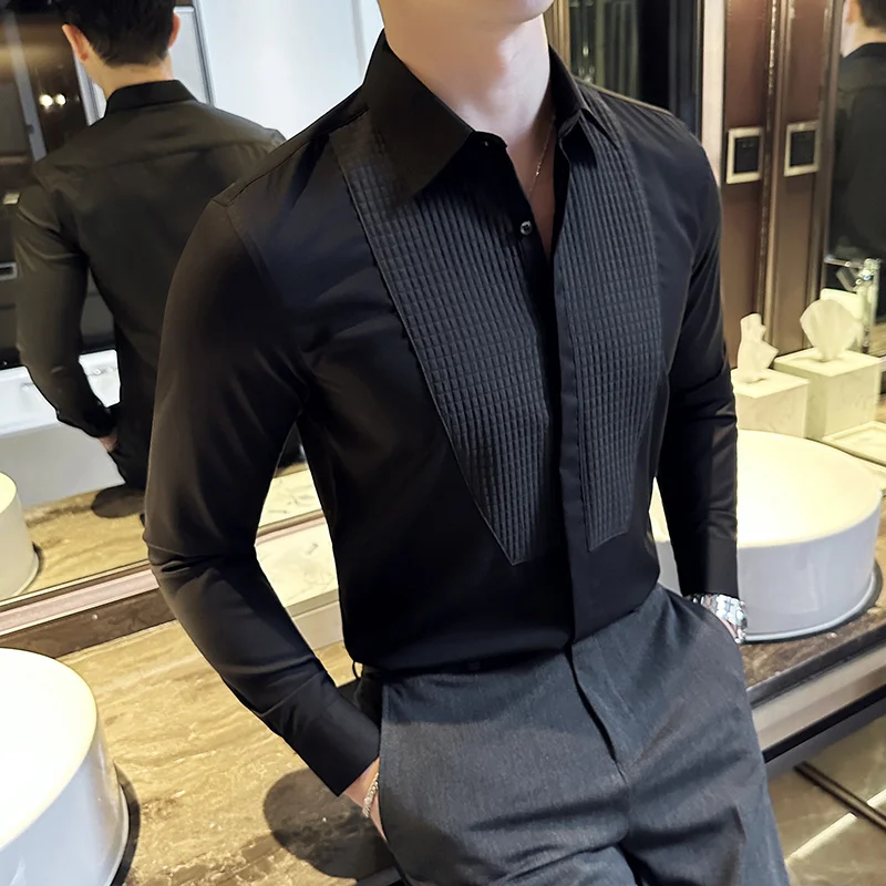 Men's Brand Boutique New Fashion Solid Color Formal Dress Long Sleeve Shirt Groom Wedding Shirt Party Banque