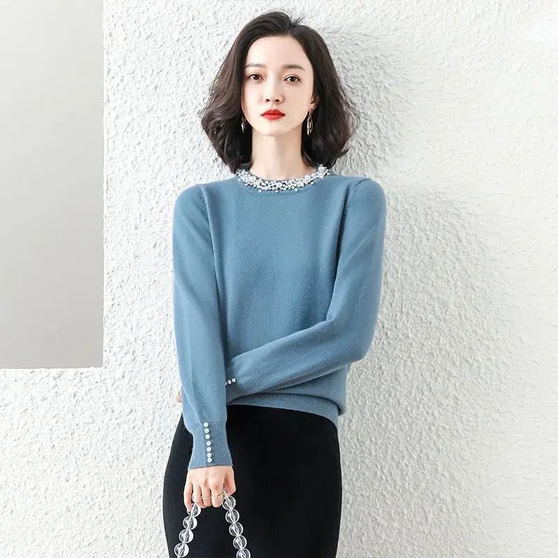 Women Autumn Winter Elegant Temperament Loose Diamonds O-neck Long Sleeve Knitwear Ladies All-match Knitting Bottoming Shirt