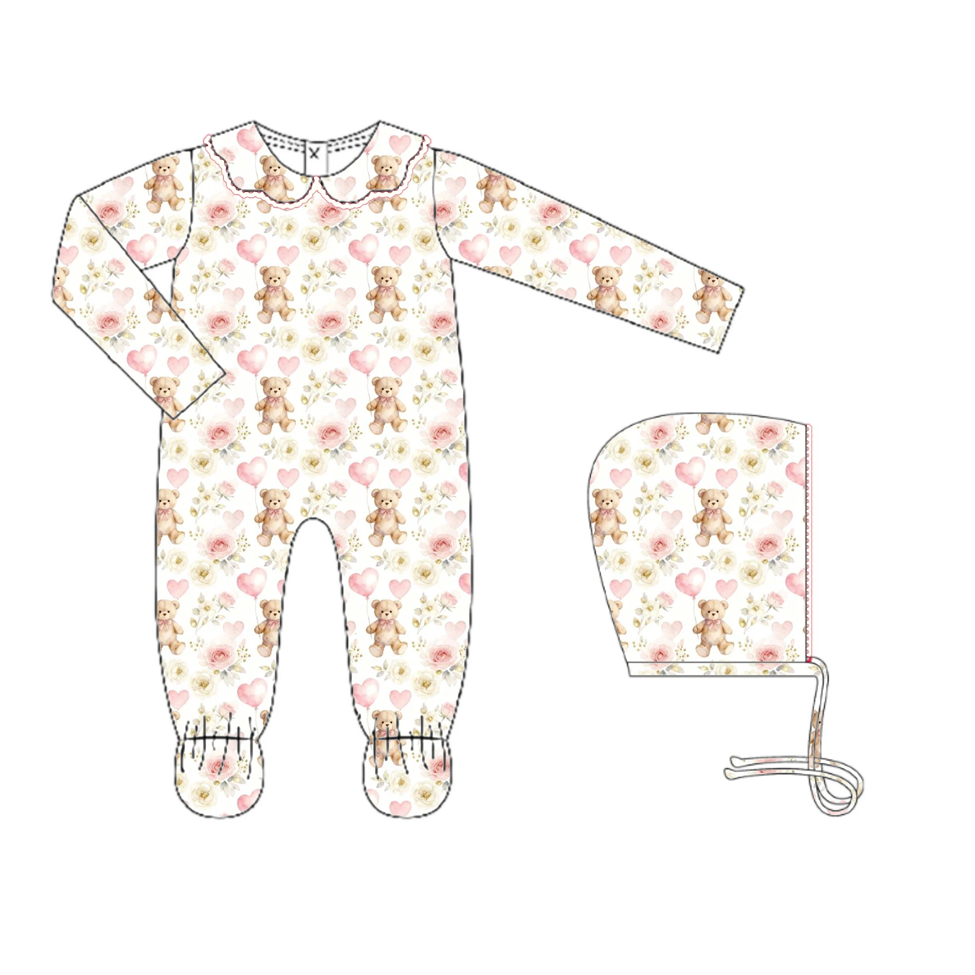 Valentine's Day Cartoon and Heart Print Scalloped Collar Long-Sleeve and Pants Baby Girl Boutique Romper Matching Hat 2-Piece Se