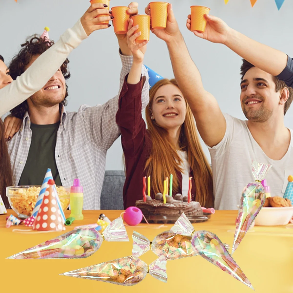 50 stücke Regenbogen Cellophan Geschenkt üten holo graphische Party bevorzugen Taschen für Geschenke, Leckereien und Veranstaltungen-perfekt für Feiertage, Geburtstage – Detail 6