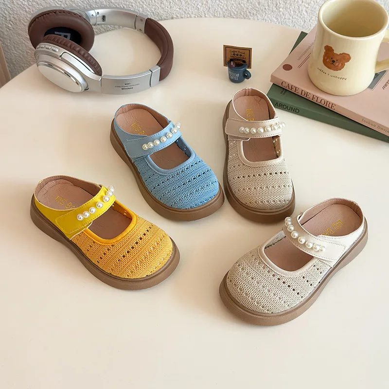 

Girls Cover Toes Sandals Knit Hollow Out Kids Flat Shoes Child Slip on Slippers 2025 Children Barefoot Pearl Shoe for 26-35
