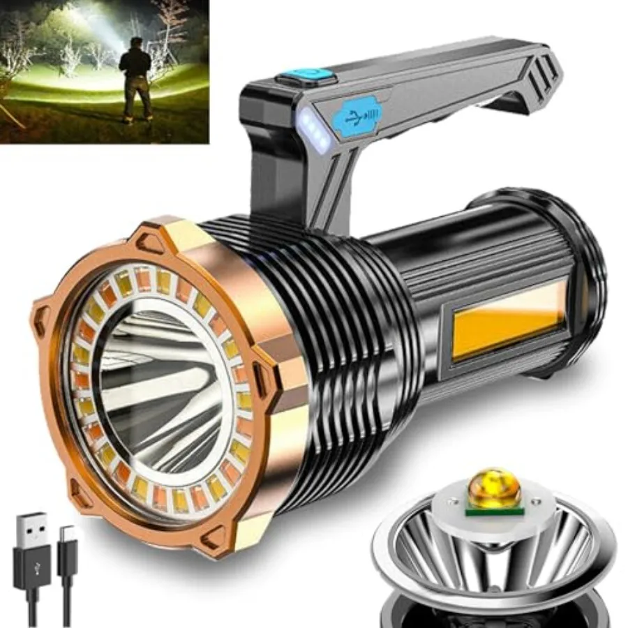 

LED Flashlight USB Rechargeable, Super Brightest Flashlight with Sidelight and Hooks, 8 Modes Lighting, Rechargeable Spotlight,