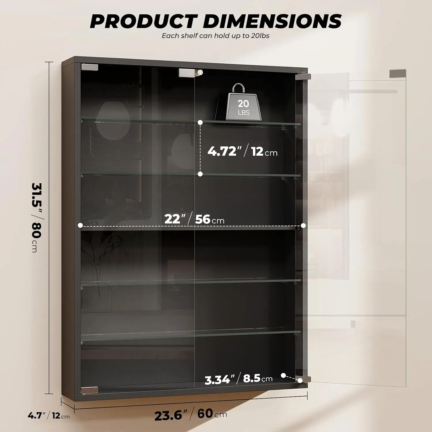 6-Tier Wall Display Case with Glass Doors, LED Sports Card Display Case with Adjustable Glass Shelves, Shot Glass Display Case f