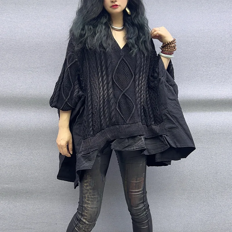 

Autumn and Winter New Personalized Patchwork Ruffle Casual Loose Bat Sleeves V-Neck Long Sleeved Knitted Sweater For Women