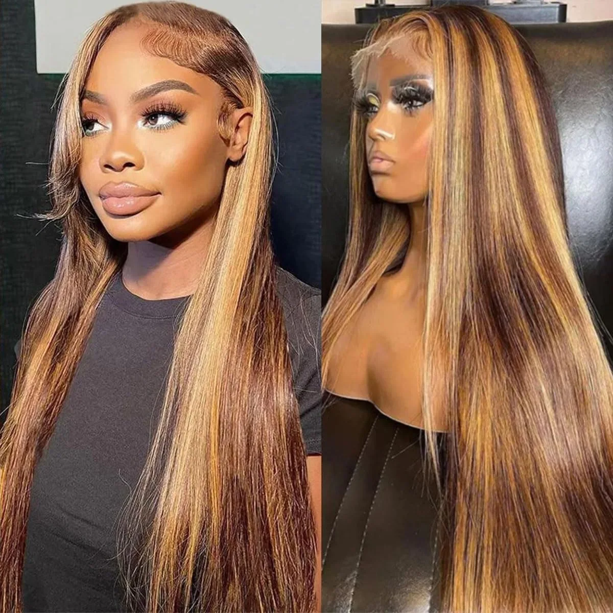 ストレートハニーブロンドウィッグ人毛8-34インチP4/27ハイライトオンブレレースフロントウィッグ人毛ハニーブロンドファッション愛好家向け