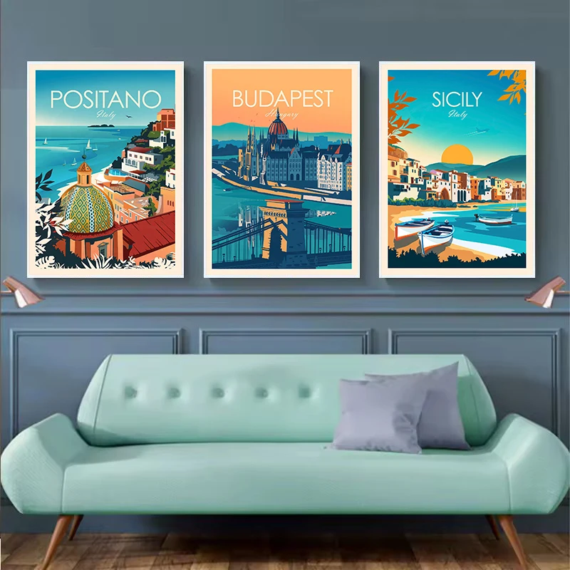 Abstract Famous Holiday Travel Cities Italy Amsterdam Landscape Illustration Poster Canvas Painting Wall Art Pictures Home Decor