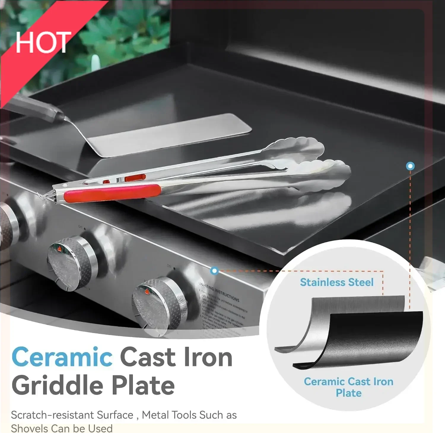 

(XMSJ)22 inch Tabletop Griddle with Ceramic Coated Cast Iron Plate, 3 Burners Flat Top Griddle, Portable Propane Gas BBQ Grill G