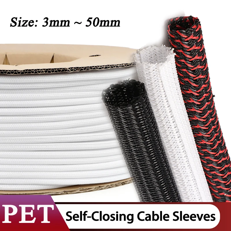 1~50m PET Braided Expandable Cable Sleeve 3~50mm Flexible Self-Closing Insulated Wrap Pipe Split Line Protector Wire Organizer