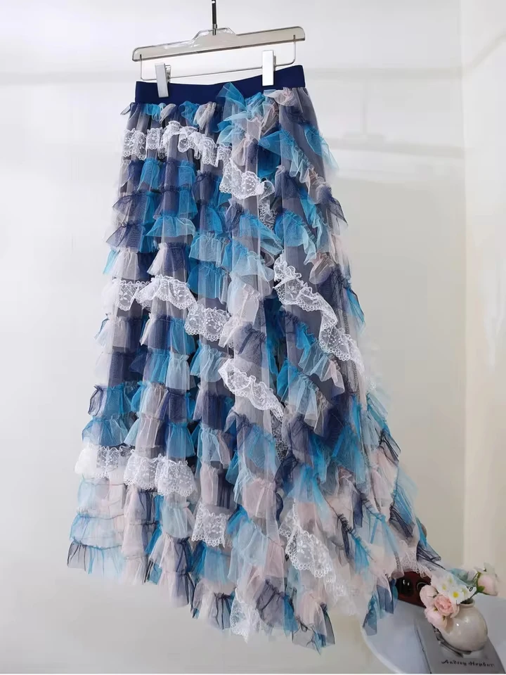 New Tie-dye Print Mesh Gradient Cake Skirt For Women 2026 Spring Summer Casual A-line Puffy Long Skirts