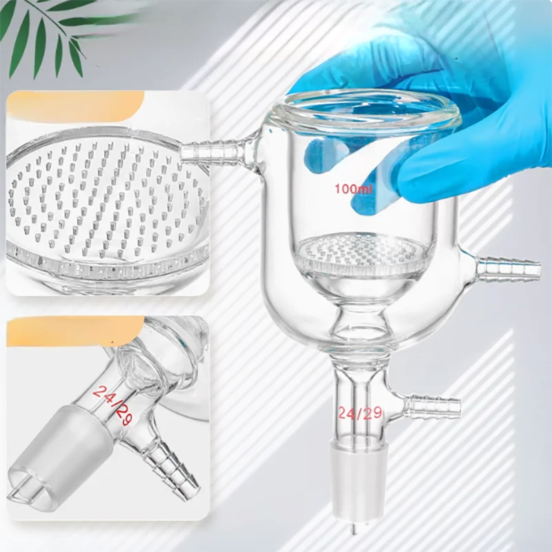 Double-layer jacketed glass sand core suction filter funnel connected to porous glass plate with sand core cylindrical filter fu