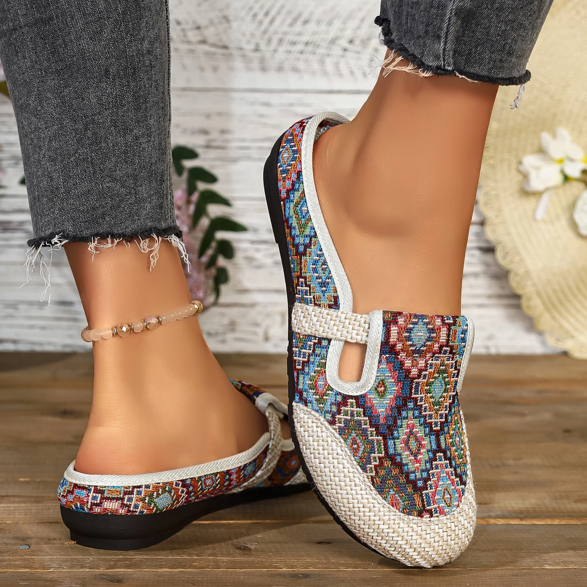 Ethnische bestickte Schuhe: Neue atmungsaktive Leinen-Halbslipper für Damen mit weichen Sohlen – Damen-Stoffschuhe für den Einzelfuß – Detail 4
