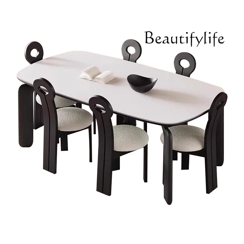 Solid wood rock slab dining table and chair combination rectangular French retro cream style home dining table