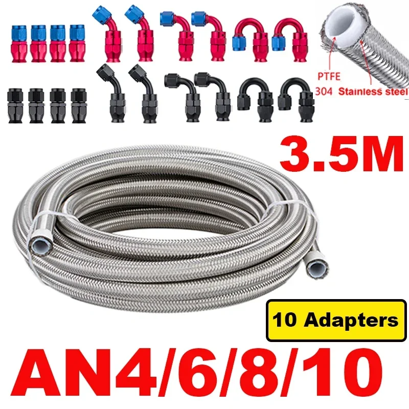 3.5M 11.5FT AN4/6/8/10 PTFE Stainless Steel Braided Car Fuel Gas Oil Line Hose Assembly 0+45+90+180 Degree 10pcs End Fitting Kit