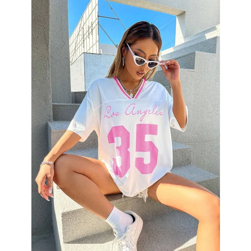 

35 # 3D Printed Basketball Jersey Women's Summer T-shirt V-neck Loose and Fashionable Sports Short Sleeved Street Casual T-shirt