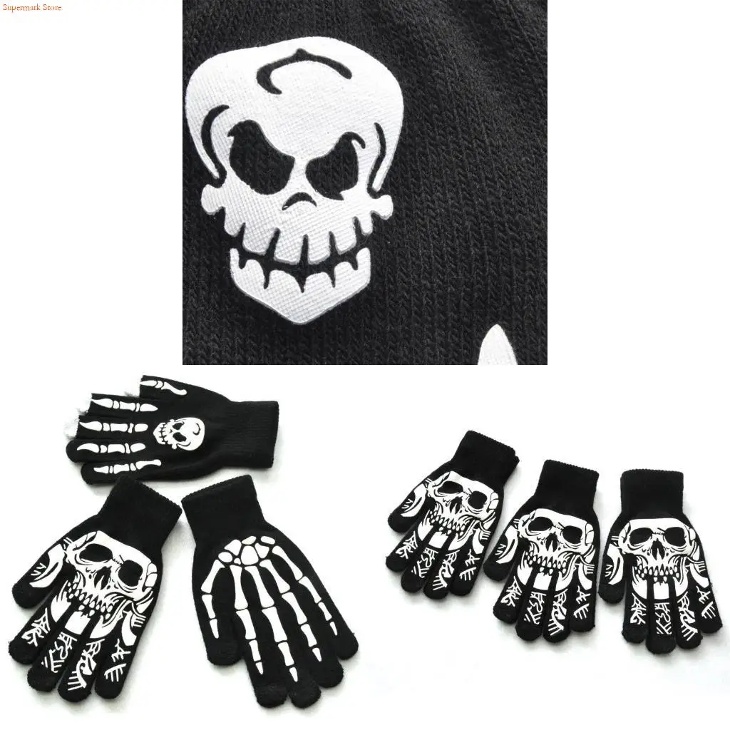 Q5WE Halloween Knitted Skull Gloves Hand Warmer Gloves Luminous Gloves for Unisex