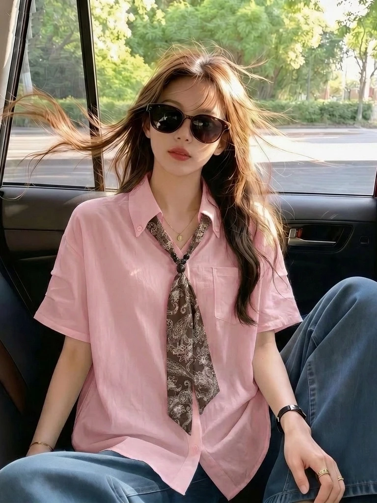 

Almond Flower Silk Scarf V-Neck Short Sleeve Women's Shirt Korean Style Commute Wind plus Size Slimming Top for Summer 2026