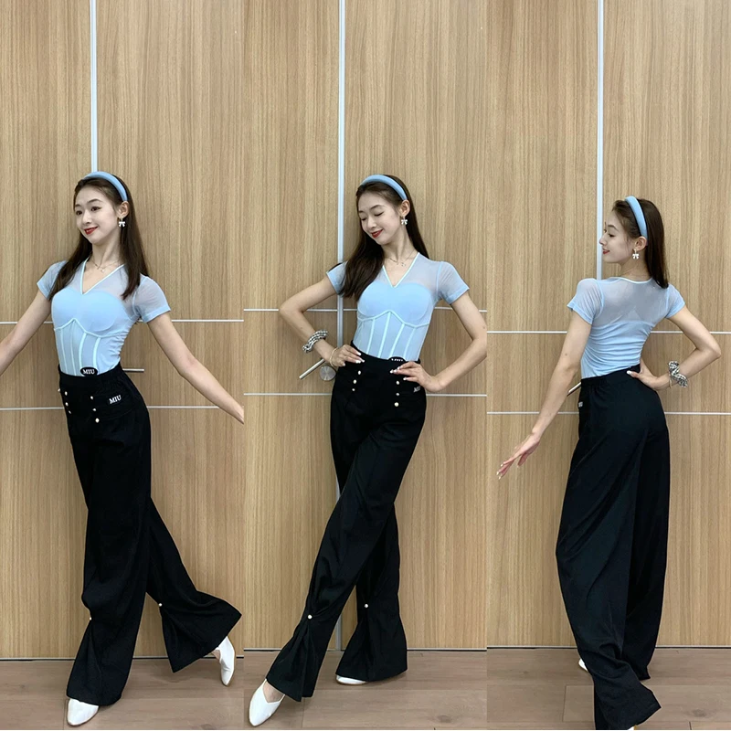 

New Latin Dance Pants For Women Metal Button Pants With Wide Legs Modern Dance Pants Rumba Ballroom Latin Practice Wear DN14388