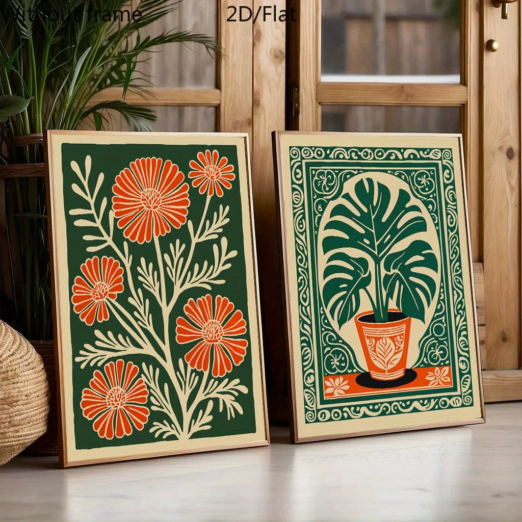 2 Stück Retro-Boho-Leinwandbilder mit tropischen Botanikmotiven, ungerahmte abstrakte Leinwanddrucke für Wohnzimmer- und Schlafzimmerdekorationen