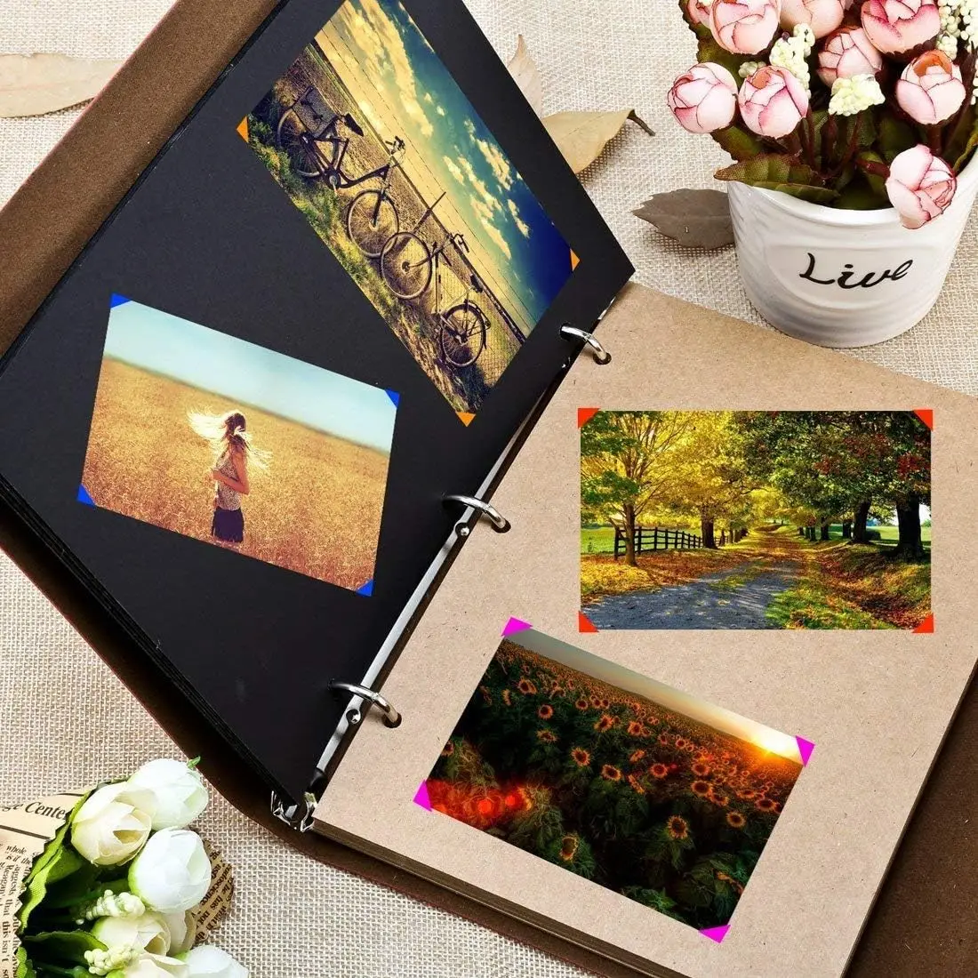 Leather Photo Album Photographs Scrapbook Book Ring Binder Photo Albums Self-adhesive Memory Books 8 inch Gifts Leaves Printed