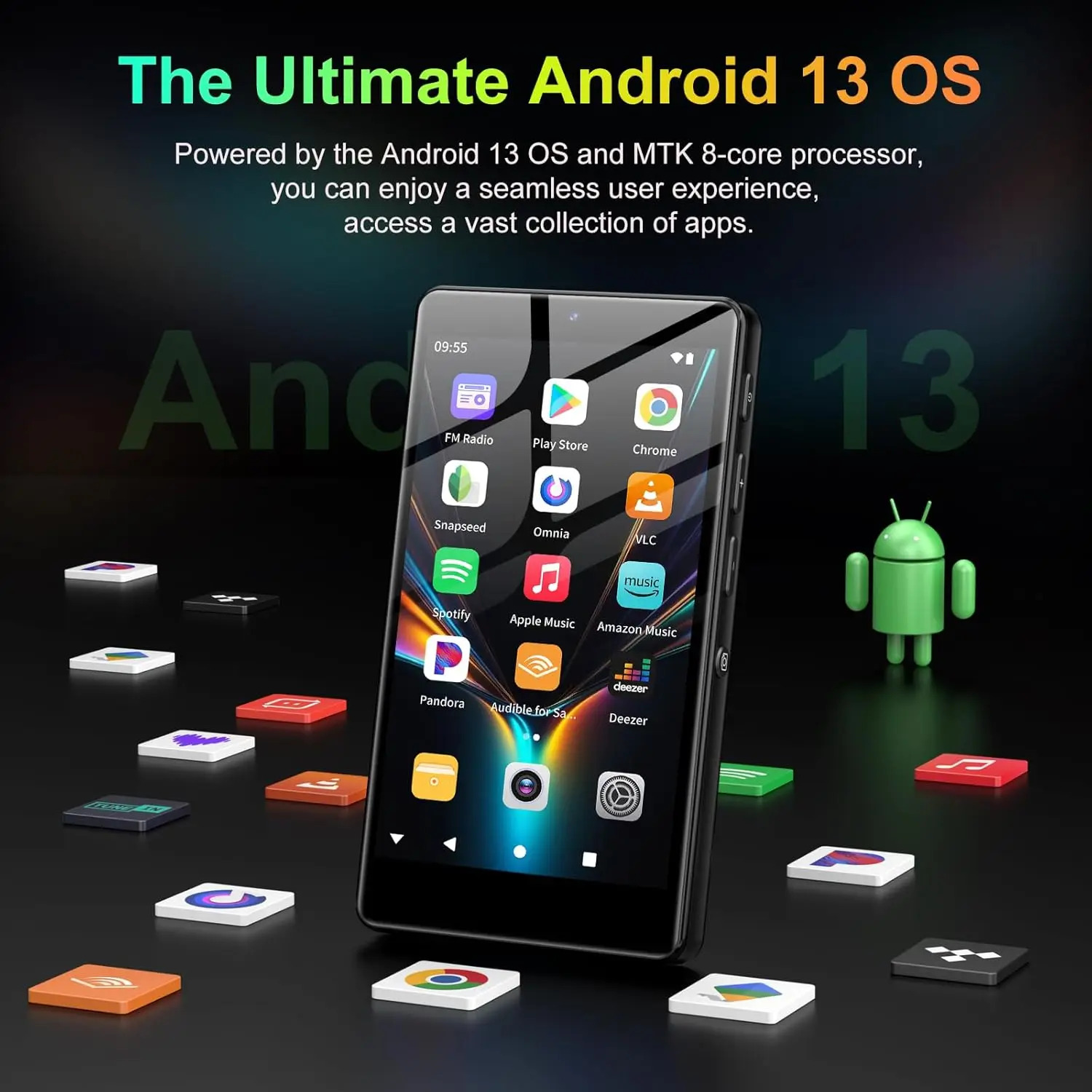 32GB/96GB MP3 player with Bluetooth 5.0 and WiFi, Spotify, Android 13 OS, camera and speakers