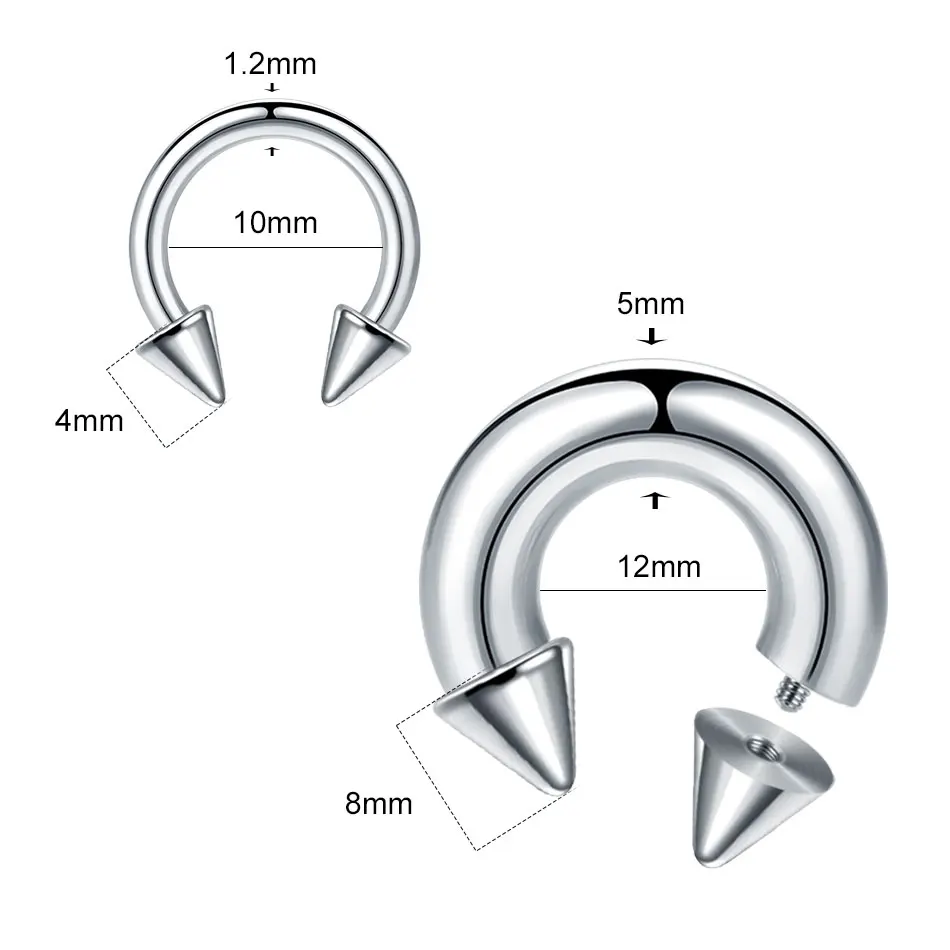 1PC Stainless Steel Big Size Horseshoe Ring Nose Hoop Piercing with Spikes Large Gauge Piercings Ear Expander Septum Piercing