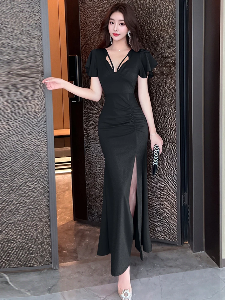 Feminino elegante vestido vermelho sexy com decote em v recorte lateral fenda bodycon sereia bainha mangas inchadas verão chique casual praia resort robe