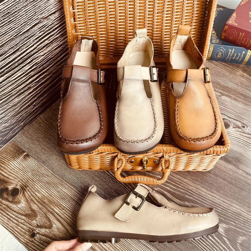 

New Spring and Autumn Women's Genuine Leather Flat Shoes Round Toe Buckle Single Shoes Skating Boat Walking Women's Casual Shoes