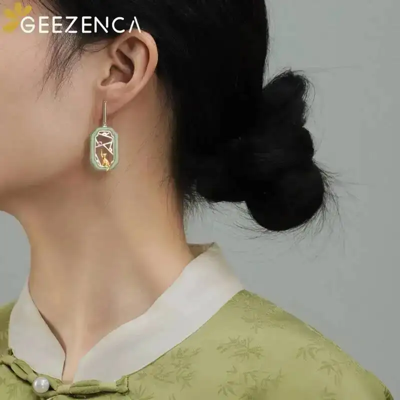 GEEZENCA Natural White Jade Green Aventurine 925 Silver Window Cat Dangle Earrings For Women Ethnic Chic Earring 2024 New Gift