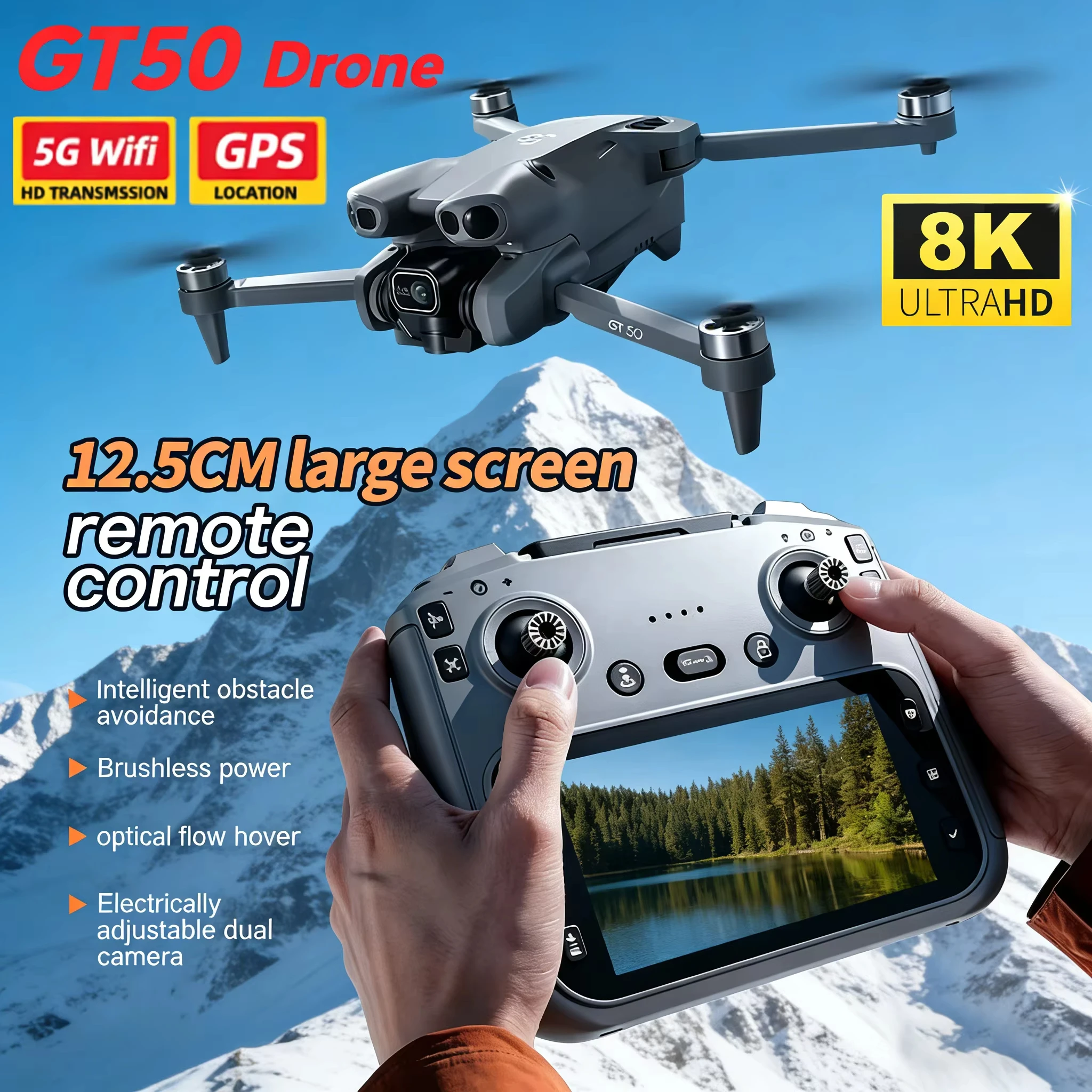 

Радиоуправляемый квадрокоптер GT50 PRO с HD-камерой, бесщеточным двигателем, обходом препятствий и функцией аэрофотосъемки, с пультом управления с экраном 4.3 дюйма