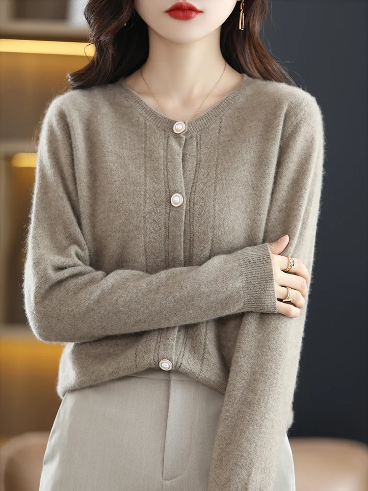 2024 100% Merino Wool Women's Cardigan Autumn Winter O-Neck Long Sleeve Sweater Fashion Female Knitwear Basic Clothing Top