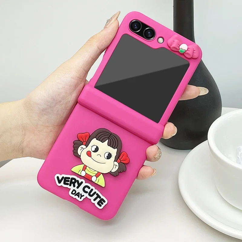 For Samsung Galaxy Z Flip 7 6 5 4 3 5G Fashion Cute Japanese Cartoon Girl Bowknot Rose Red Hinge Matte Shockproof Case Cover