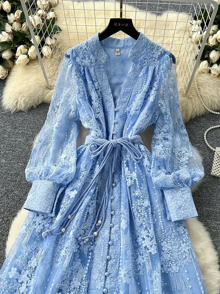 Spring Autumn French High-end Women's Dress New Lace Embroidery V-neck  Lantern Sleeves Single Breasted Party Birthday Dress C192 - AliExpress  200000345